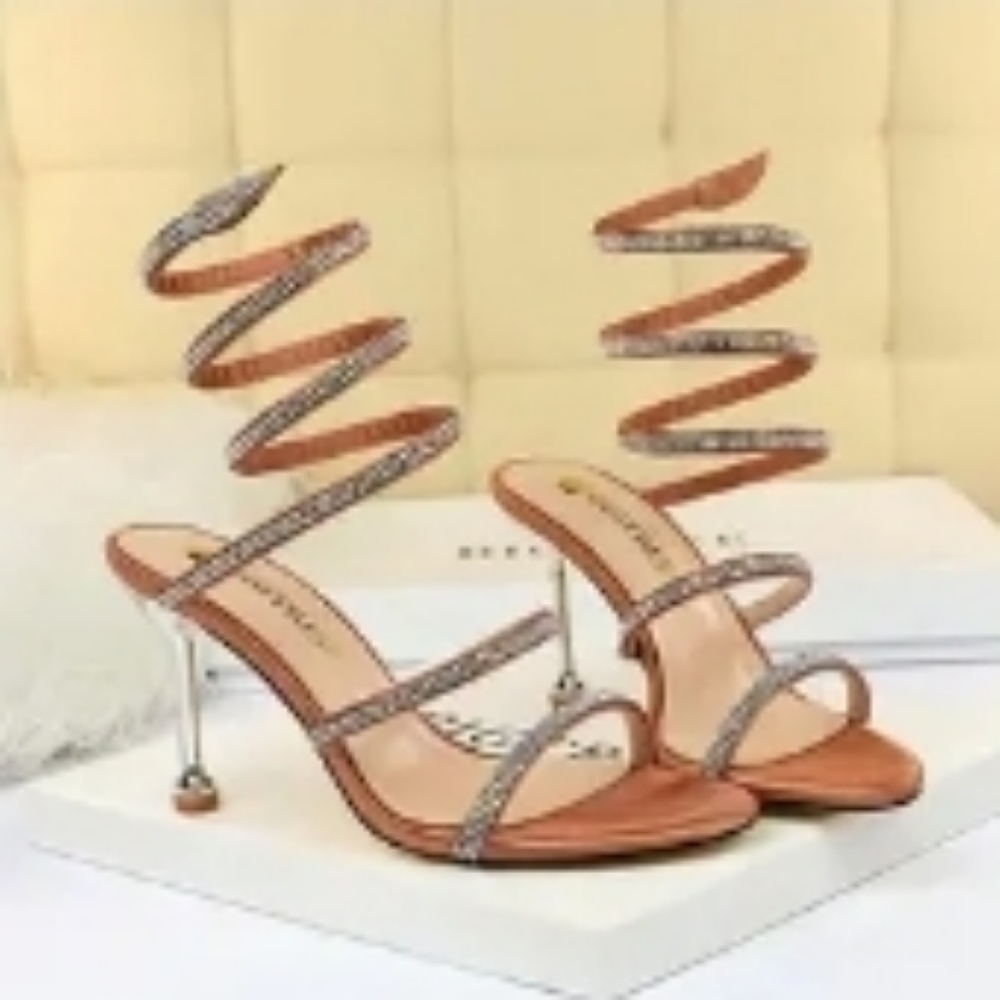 NWOT Stiletto Open Toe Rhinestone Wrap Around Belt Sandals ; Camel color /
